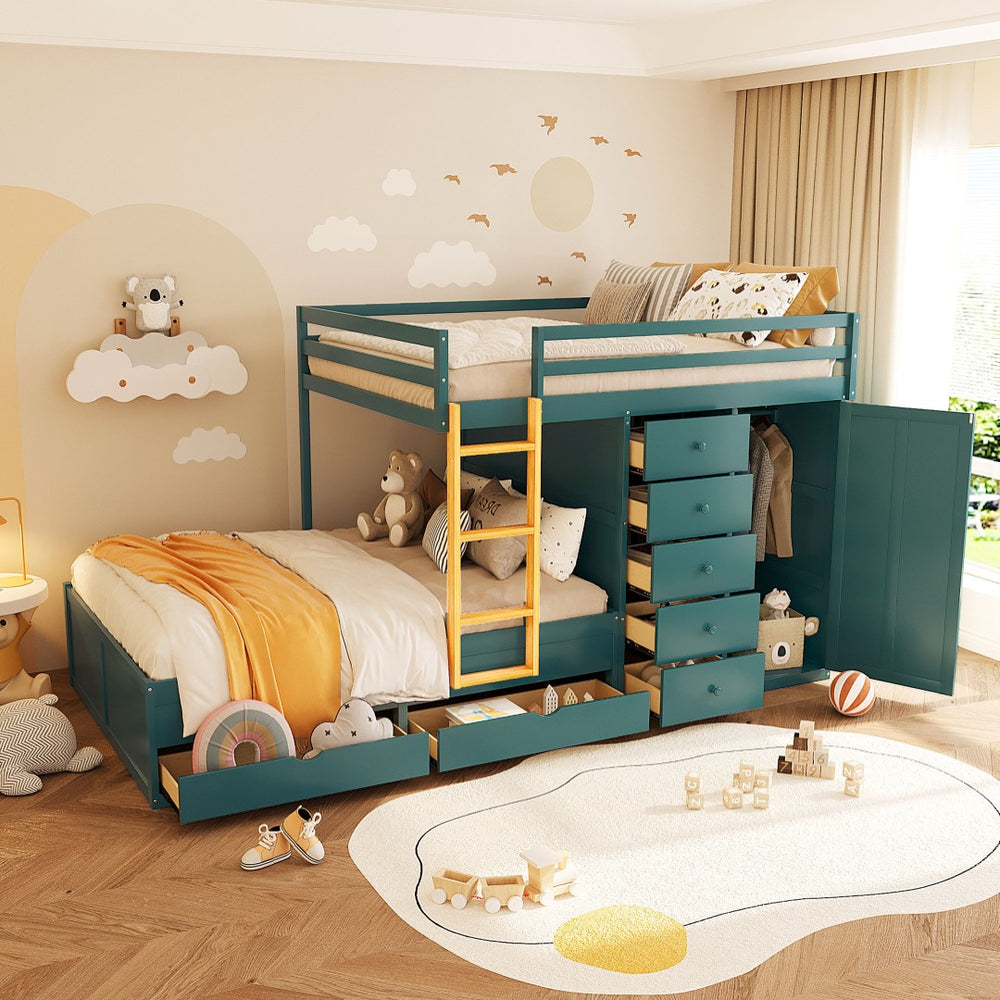 English Elm Full Size Bunk Bed with Integrated Drawers Wardrobe Mdf Solid Wood Kids Storage Green LT000463AAG