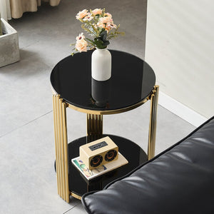 English Elm 16.9inch Round End Table Dual Tier Black Tempered Glass Gold Steel Frame Modern Accent W3357P395504