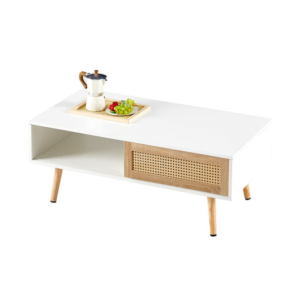 English Elm 41.34" Rattan Panel Coffee Table with Sliding Storage Door and Solid Wood Legs W1265107718
