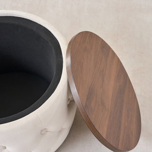 English Elm Ball Cast Round Nesting Ottoman Set Linen Upholstered Hidden Storage with Wooden Tray Beige W3163P379358