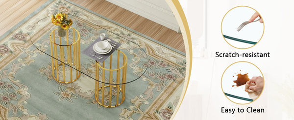 English Elm Table and Chair Set 8 Seater Oval Glass Dining with Glamorous Gold Base Modern Luxe Black+Gold,Transparent W1151S04721