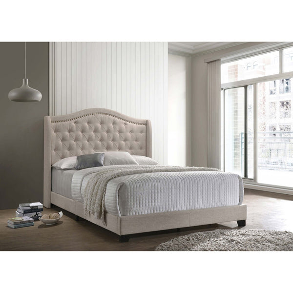 English Elm Maassluis Upholstered Eastern King Bed with Curved Button-Tufted Headboard and Nailhead Trim Delight Beige B062P346524
