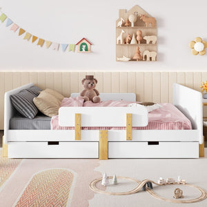 English Elm Twin Low Profile Kids Floor Bed Pine Wood Frame with Safety Rail and Built in Bookshelf Light White W1580P373244
