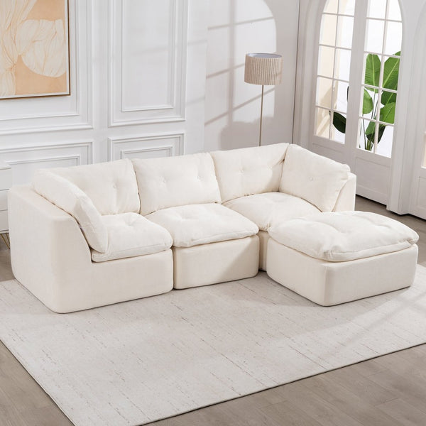 English Elm Modern Chenille Cloud Sectional with Ottoman Deep Sink Modular L Shaped Living Room Sofa Beige+White W2379S00001