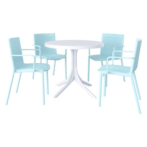English Elm Summer 5 Piece Stackable Polypropylene Outdoor Dining Set with Round Table for Patios Light Blue,White W3450S00022