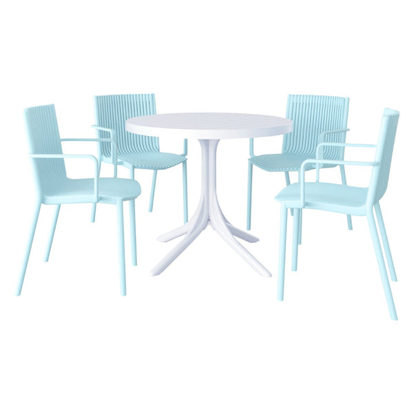 English Elm Summer 5 Piece Stackable Polypropylene Outdoor Dining Set with Round Table for Patios Light Blue,White W3450S00022
