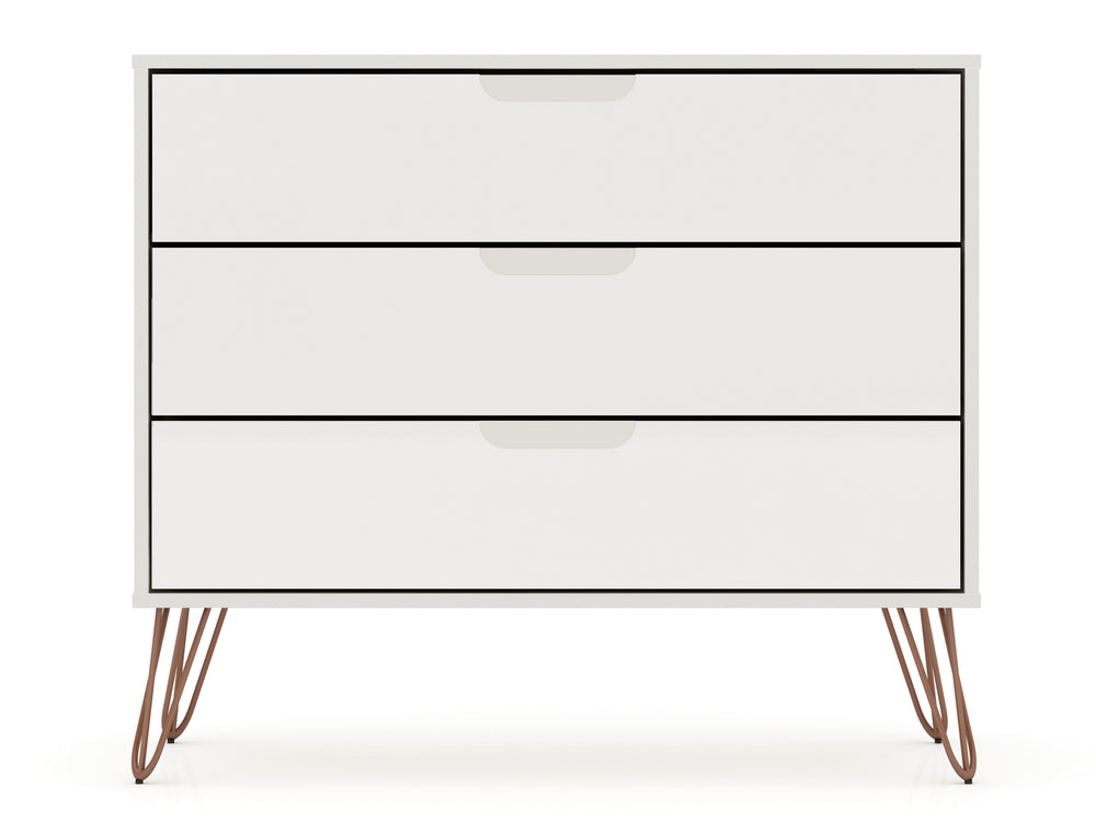 English Elm Rockefeller 35" Dresser Off White - 3 Drawer MDF Storage with Metal Splayed Legs, Anti-Tip Kit Included B365P398132