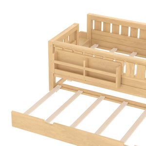 English Elm Twin Kids Platform Bed with Trundle Staircase Bookshelf and Rounded Safety Rails Light Natural W1580S00557