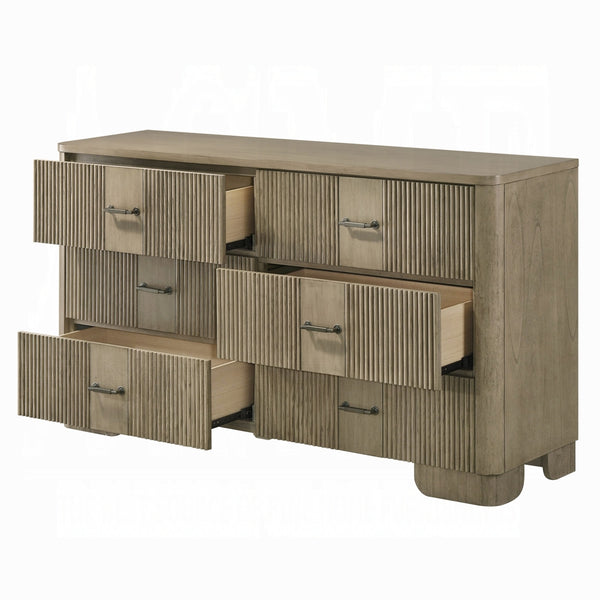 English Elm 1pc Transitional 6-Drawer Dresser in Antique Finish with Reeded Fronts, Felt-Lined Top, Metal Glides Oak 65 L x 21 W x 37 H B2741P408065