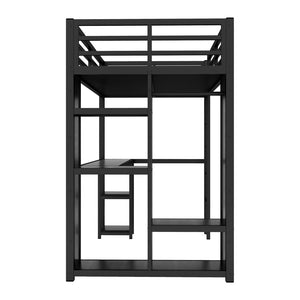 English Elm Twin Xl Loft Bed Frame With Desk & Wardrobe, Space-Saving Metal Design With Storage Shelves, Black W1580S00119-GIGA