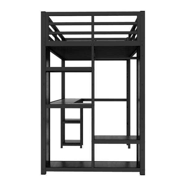 English Elm Twin Xl Loft Bed Frame With Desk & Wardrobe, Space-Saving Metal Design With Storage Shelves, Black W1580S00119-GIGA