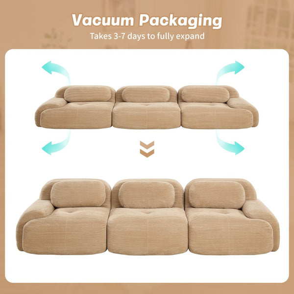 English Elm 3-seat Modular Corduroy Sectional Sofa Ergonomic Curved Design for Living Rooms Camel W714S01239