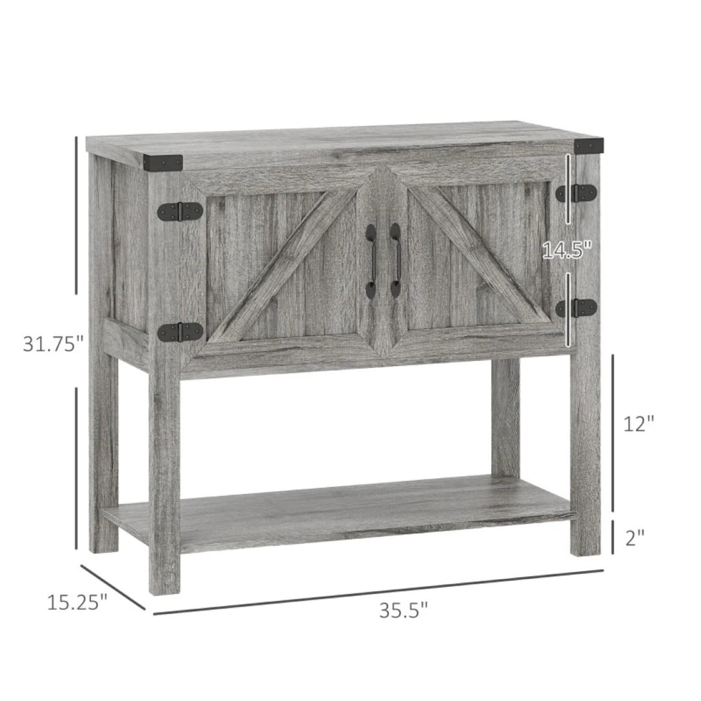 English Elm Entryway Farmhouse Cabinet with Barn Doors Open Shelf and Stone Gray Wood Grain Finish T3971P465466