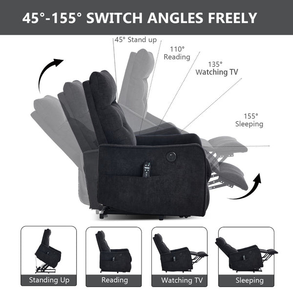 English Elm Beige Chenille Power Lift Recliner with Massage Heat and Usb for Senior Comfort Black W1803P369081