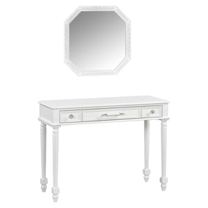 English Elm Retro Octagonal Mirror Vanity Desk with Velvet Jewelry Tray, 3 Carved Drawers, Elegant White Console Table (43.6") N844P292482A