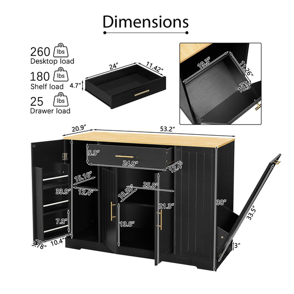 English Elm 53 Inch Large Kitchen Island With Hidden Trash Storage & Adjustable Shelves, Black & Oak Finish W1820P199483