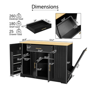 English Elm 53 Inch Kitchen Island With Hidden Trash Can, Adjustable Shelves & Drawer - Stylish Black & Oak Design W1820P199484