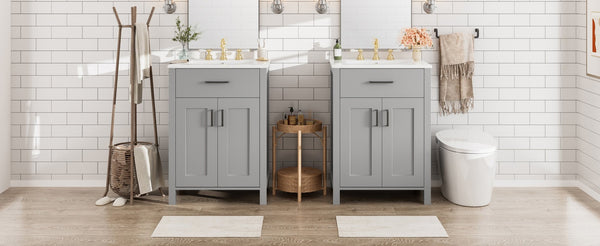 English Elm Modern 48 Inch Freestanding Bathroom Vanity Dual Ceramic Sinks Soft Close Gold Handles Grey N729P000008E