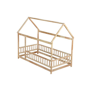 English Elm Twin House Frame Floor Bed Rubberwood with Roof Canopy and Safety Rails for Kids Natural W504P429345