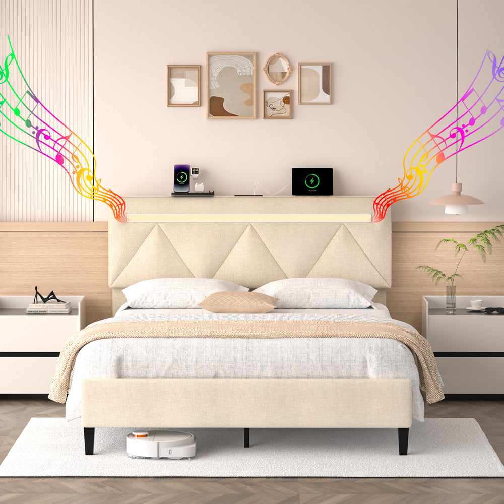 English Elm Full Bed Frame With Headboard - Modern Upholstered Platform Bed With Charging, Led Lights & Support T3825P365723