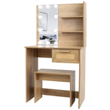 English Elm Vanity Desk Set Stool & Dressing Table With Led Lighting Mirror Drawer and Compartments Modern Wood Cosmetic Table Chest Of Drawers Nature Color