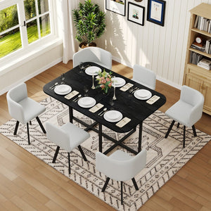 English Elm 7 Piece Modern Dining Set Black Wood Grain Table Gray Pu Chairs Seats Six W3875S00096