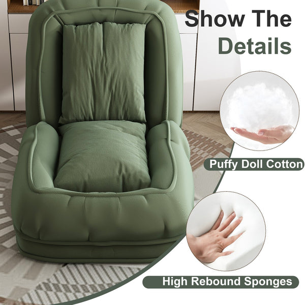 English Elm Upholstered Foldable Lazy Sofa Bed with 5 Recline Positions, Corduroy Tatami Chair with Pillows—Comfortable Space-Saving Lounge for Living Room and Bedroom Green W2699P324229
