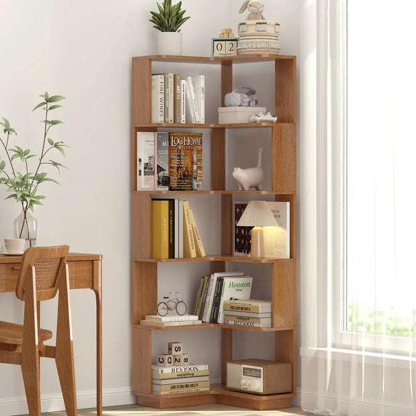 English Elm 6 Tier Freestanding L-Shaped Corner Bookshelf with Anti-Tip, Rounded Corners, 3D Wood Grain Finish Dark Oak W2899P372855