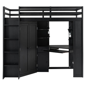 English Elm Twin Loft Bed with Wardrobe Desk Charging Station and Spotlights for Small Rooms Black LT000450AAB