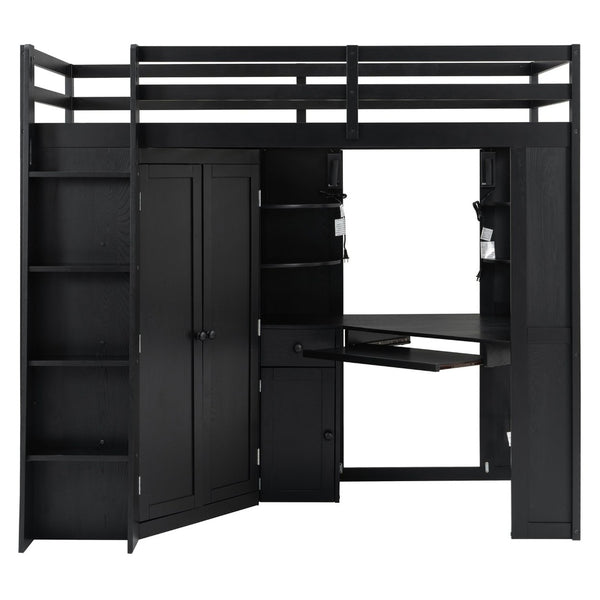 English Elm Twin Loft Bed with Wardrobe Desk Charging Station and Spotlights for Small Rooms Black LT000450AAB