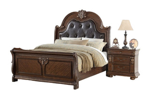 English Elm Traditional California King Bed Carved Faux Leather Tufted Headboard Dark Brown Frame B011S02131