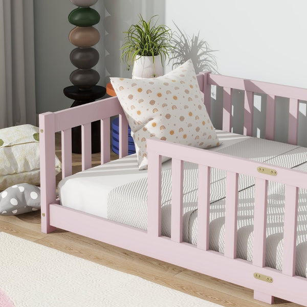 English Elm Twin Size Floor Bed With Safe Guardrails - Durable Rubberwood, Eco-Friendly Pink Design For Kids W504P286399-GIGA