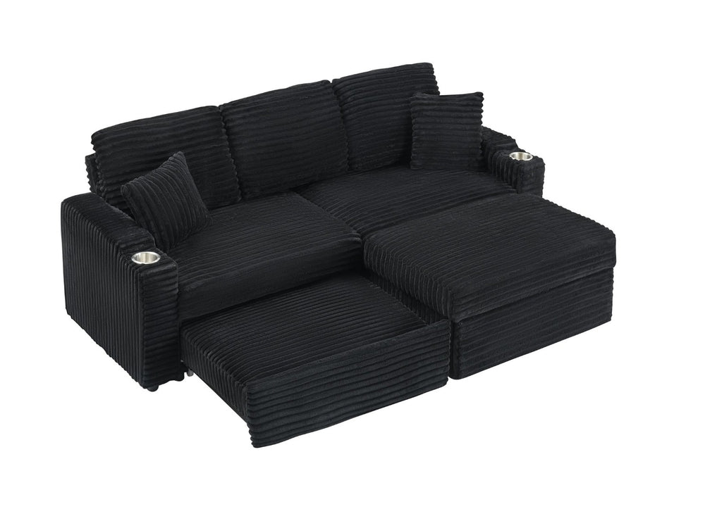 English Elm 80-inch Corduroy Convertible Sofa with Chaise Pullout Cup Holder and Pillow Included W3356P314463
