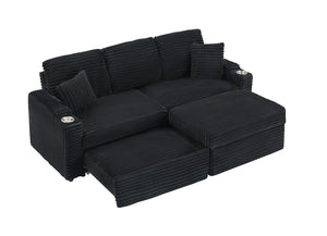 English Elm 80" Corduroy Three-seat Sofa with Pull-out Chaise Footstool and Built-in Cup Holders W3356P324056