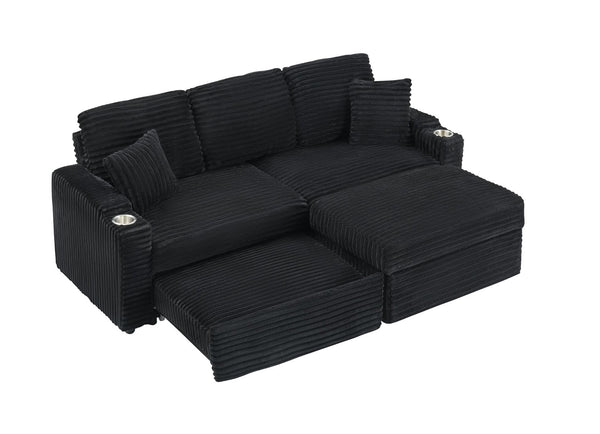 English Elm 80" Corduroy Three-seat Sofa with Pull-out Chaise Footstool and Built-in Cup Holders W3356P324056