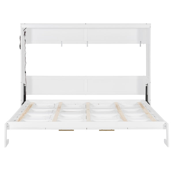 English Elm Queen-size Murphy Wall Bed with Led Ambient Lighting Usb Outlet and Graphic Panel White LP000357AAK