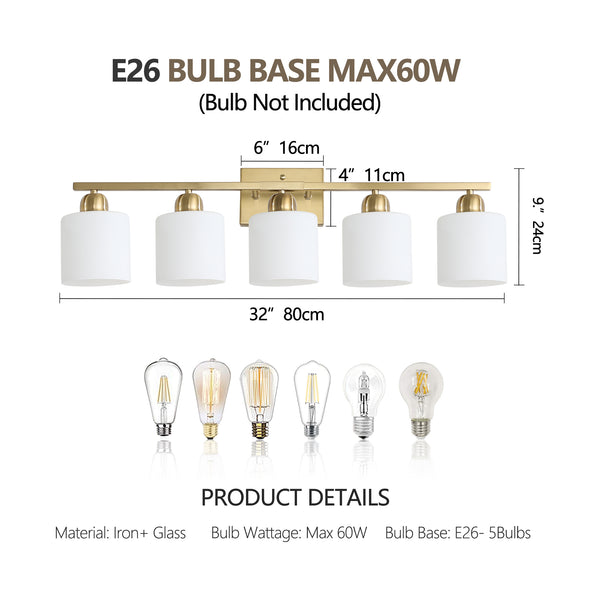 English Elm Gold 5-Light Modern Vanity Light Fixture Over Mirror With Frosted Glass Shades For Elegant Illumination W2312P374857