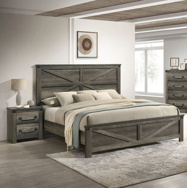 English Elm Rustic Farmhouse 3pc Queen Bed Set with Metal-Accent Headboard & Antique Brass Handles, Sturdy Gray 68 L x 35 W x 7 H B2741S00167