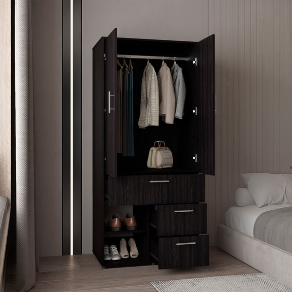 English Elm Alpine Tall Armoire in Kronos Wengue with Double Doors, Shelves & Hanging Rod — Space-Saving Elegance B200S00437