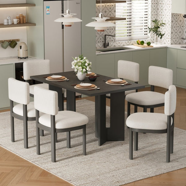 English Elm Trexm Farmhouse Six Seat Dining Set Oak Veneer Distressed Table Upholstered Chairs Gray ST000153AAE