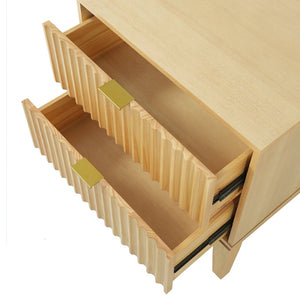 English Elm Natural Rubber Wood Fluted 2 Drawer Nightstand with Gold Pulls for Modern Bedrooms N758P386962N