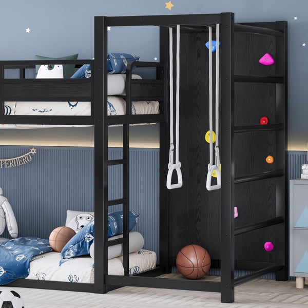 English Elm Twin Xl Metal Loft Bed with Climbing Wall Slide Basketball Hoop and Bookshelves W1580S00588