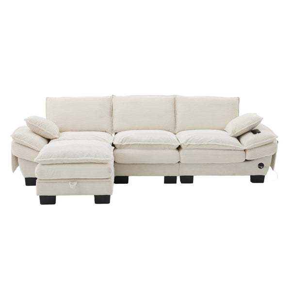 English Elm Sectional Cloud Sofa Modular Deep Seat Corduroy Upholstered Living Room Couch with Storage Beige W395S00129