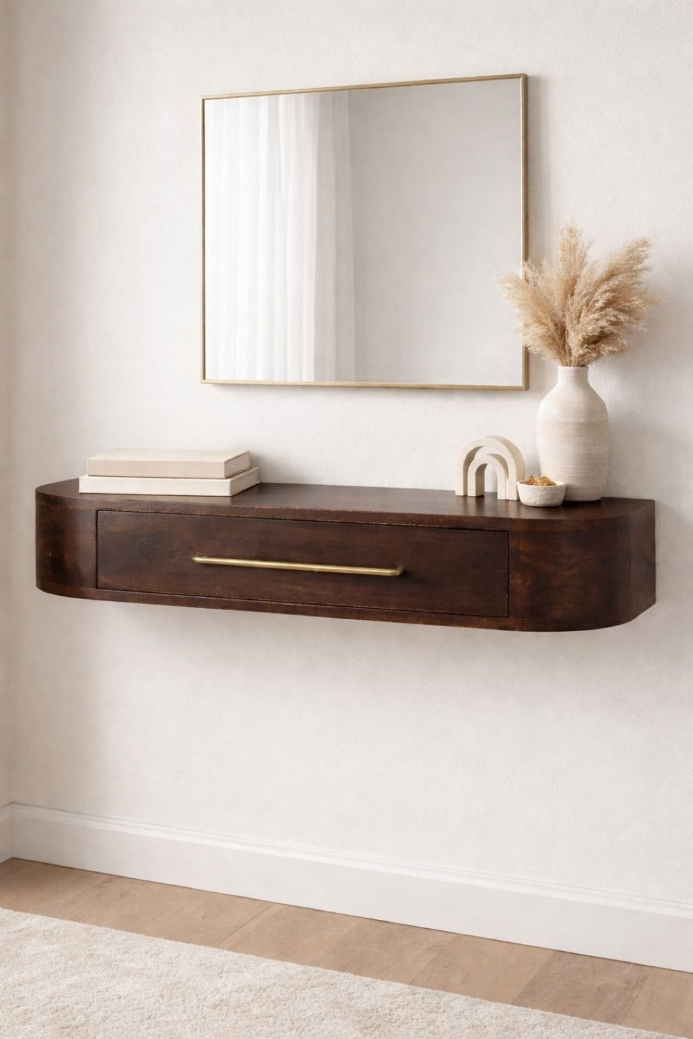 English Elm Solid Wood Handcrafted Arc Wall Shelf Floating Console for Entryway Hallway B182P490927