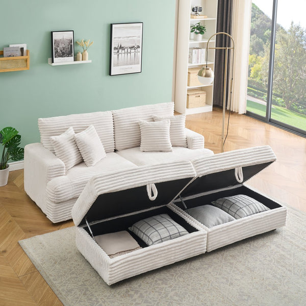 English Elm 82-Inch Beige Corduroy Sofa With 2 Storage Footrests & 4 Pillows - Perfect For Stylish Living Spaces! W1658S00116