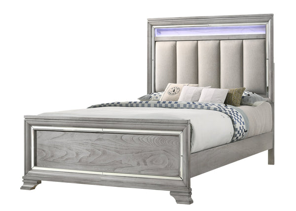 English Elm Modern Queen Size Panel Bed 3pc Set with Tufted LED Headboard, Soft Gray Wood Grain Nightstands, Elegant Storage B2741S00106
