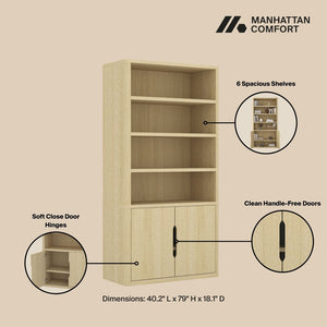 English Elm Rivington 40" Natural Oak Bookcase Cabinet - Modern Storage With Adjustable Shelves & Soft-Close Doors B365S00020-GIGA