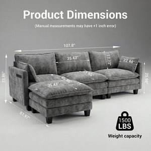 English Elm Modern Chenille Three Seat Sofa with Ottoman Usb Charging Ports and Storage Pockets Dark Grey W2519S00003