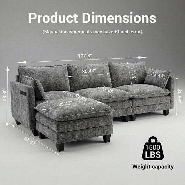 English Elm Modern Chenille Three Seat Sofa with Ottoman Usb Charging Ports and Storage Pockets Dark Grey W2519S00003