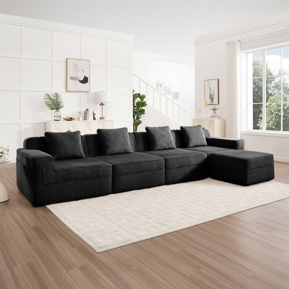 English Elm Modular 4-Seat L-Shaped Sectional Sofa In Black Corduroy - Cloud-Like Comfort With Ottoman & Pillows W3041S00328